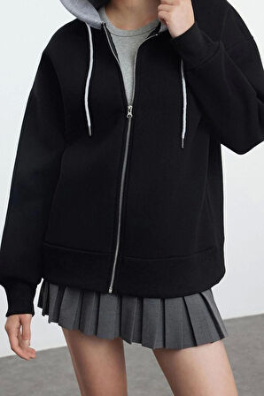 Tarz Oversize Kapüşonlu Düşük Kol Uzun Geniş Kalıp Fermuarlı Örme Sweatshirt