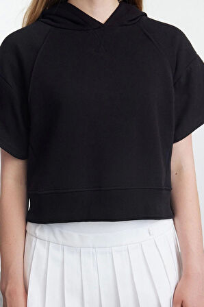 Tarz Relaxed Kapüşonlu Ay Kol Crop Ay Kol Crop Rahat Kalıp Örme Sweatshirt