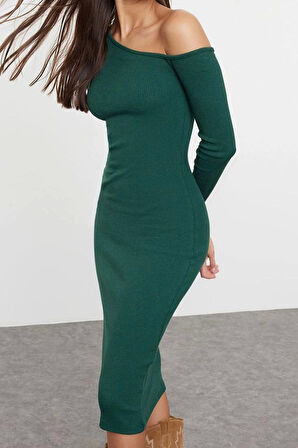 Moda Stil Slim Asimetrik Yaka Midi Boy Fitted Vücuda Oturan Fitilli Esnek Örme Elbise