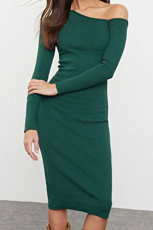 Moda Stil Slim Asimetrik Yaka Midi Boy Fitted Vücuda Oturan Fitilli Esnek Örme Elbise
