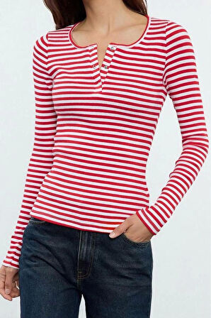 Stil Kadın Çıtçıtlı Fitted Vücuda Oturan Fitilli Esnek Bluz Regular Örme Slim Kalıp