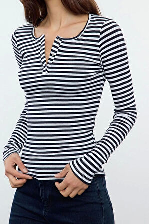 Stil Kadın Çıtçıtlı Fitted Vücuda Oturan Fitilli Esnek Bluz Regular Örme Slim Kalıp