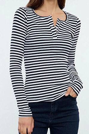 Stil Kadın Çıtçıtlı Fitted Vücuda Oturan Fitilli Esnek Bluz Regular Örme Slim Kalıp