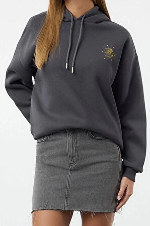 Tarz Bol Kapüşonlu Düşük Kol Uzun Kalın İçi Polarlı Baskılı Geniş Kalıp Örme Sweatshirt