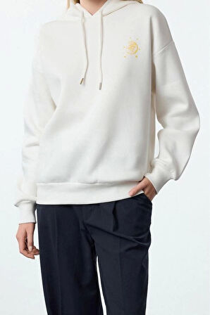 Tarz Bol Kapüşonlu Düşük Kol Uzun Kalın İçi Polarlı Baskılı Geniş Kalıp Örme Sweatshirt