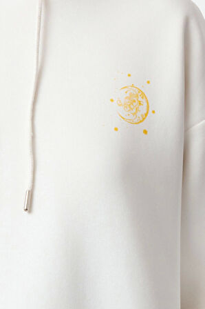 Tarz Bol Kapüşonlu Düşük Kol Uzun Kalın İçi Polarlı Baskılı Geniş Kalıp Örme Sweatshirt