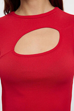 Stil Kadın Cut Out Detaylı Fitted Vücuda Oturan Fitilli Esnek Bluz Regular Örme Slim Kalıp