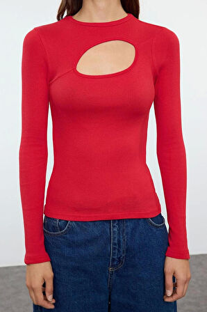 Stil Kadın Cut Out Detaylı Fitted Vücuda Oturan Fitilli Esnek Bluz Regular Örme Slim Kalıp