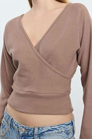 Stil Kadın Regular Normal Kalıp Oturan Fitilli Esnek Bluz Crop Örme Slim Kalıp