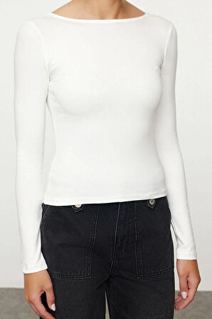 Stil Kadın Pamuklu Sırt Dekolteli Fitted Vücuda Oturan Esnek Bluz Regular Örme Slim Kalıp