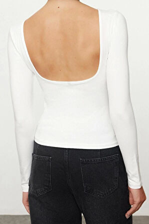 Stil Kadın Pamuklu Sırt Dekolteli Fitted Vücuda Oturan Esnek Bluz Regular Örme Slim Kalıp