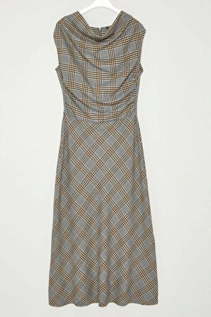 Moda Stil Regular Degaje Yaka Midi Boy Ekose Kareli A Kesim Flanel Kumaş Kışlık Dokuma Elbise