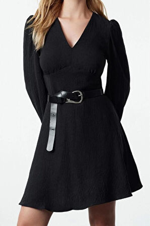 Moda Stil Regular V Yaka Mini Boy A Kesim Balon Kol Detaylı Dokuma Elbise