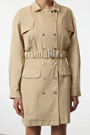 Moda Stil Regular Ceket Yaka Mini Boy Kemerli Dokuma Elbise