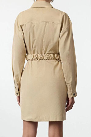 Moda Stil Regular Ceket Yaka Mini Boy Kemerli Dokuma Elbise