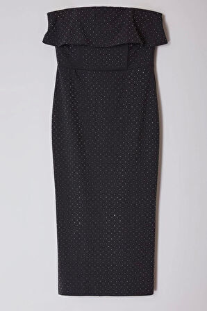 Moda Stil Fitted Straplez Midi Boy Limited Edition Taş Baskılı Şık Abiye Elbise