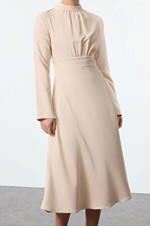 Moda Stil Regular Dik Yaka Midi Boy Skater Belden Açılan Dokuma Elbise