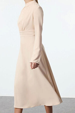 Moda Stil Regular Dik Yaka Midi Boy Skater Belden Açılan Dokuma Elbise