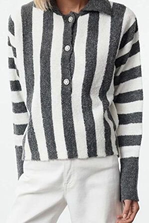 Stil Modern Kadın Regular Standart Kol Polo Yaka Yumuşak Dokulu Buklet İplik Çizgili Triko Kazak