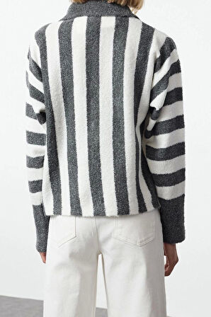 Stil Modern Kadın Regular Standart Kol Polo Yaka Yumuşak Dokulu Buklet İplik Çizgili Triko Kazak