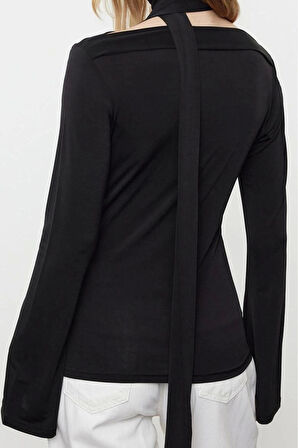 Stil Kadın Şal Detaylı Fitted Vücuda Oturan Esnek Bluz Regular Örme Slim Kalıp Düşük Kol