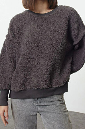 Tarz Relaxed Bisiklet Yaka Düşük Kol Regular Peluş Rahat Kalıp Peluş Örme Sweatshirt
