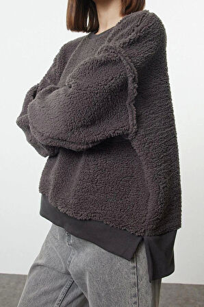 Tarz Relaxed Bisiklet Yaka Düşük Kol Regular Peluş Rahat Kalıp Peluş Örme Sweatshirt