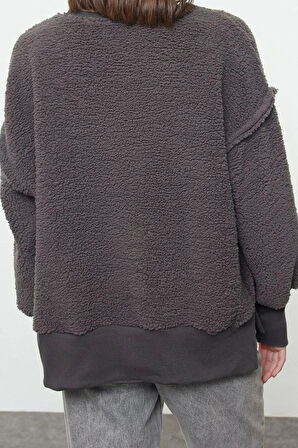Tarz Relaxed Bisiklet Yaka Düşük Kol Regular Peluş Rahat Kalıp Peluş Örme Sweatshirt