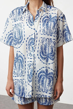 Moda Dokuma Etnik Gömlek Yaka Plaj Mavi-Etnik Dokuma 100% Polyester
