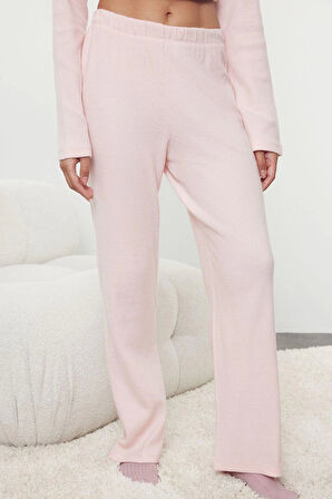 Tarz Rahat Uzun Kollu Boru Paça Fırçalı Soft Fitilli Hırka Örme Pijama Takımı