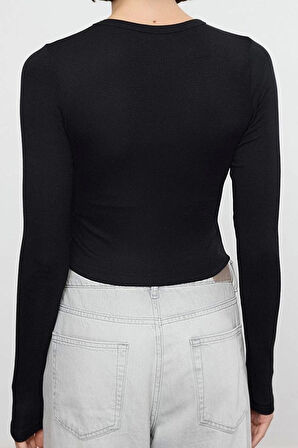 Stil Kadın Viskoz Yumuşak Kumaşlı Fitted Esnek Bluz Crop Örme Slim Kalıp