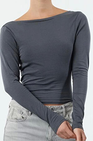 Stil Kadın Derin Sırt Dekolteli Fitted Vücuda Oturan Pamuklu Esnek Bluz Regular Örme Slim Kalıp