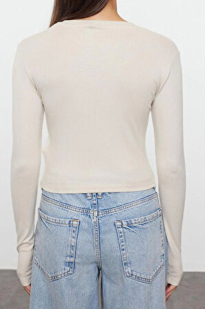 Stil Kadın Viskon Esnek Bluz Crop Örme Slim Kalıp