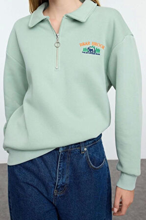 Fermuarlı Yaka Düşük Kol Fermuar Yaka Nakış Detaylı Fit Kalın İçi Polarlı Örme Sweatshirt