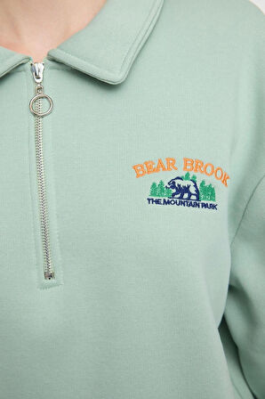 Fermuarlı Yaka Düşük Kol Fermuar Yaka Nakış Detaylı Fit Kalın İçi Polarlı Örme Sweatshirt