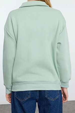 Fermuarlı Yaka Düşük Kol Fermuar Yaka Nakış Detaylı Fit Kalın İçi Polarlı Örme Sweatshirt