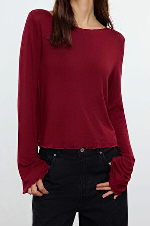 Stil Kadın Fit Bluz Crop Örme Regular Kalıp İspanyol Kol