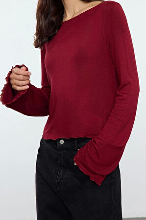 Stil Kadın Fit Bluz Crop Örme Regular Kalıp İspanyol Kol
