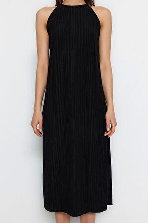 Moda Stil Relaxed Halter Yaka Midi Boy Shift Düz Sıfır Kol Piliseli Örme Elbise
