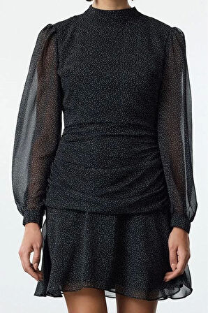 Moda Stil Regular Dik Yaka Mini Boy Puantiyeli A Kesim Drapeli Şifon Astarlı Dokuma Kışlık Elbise