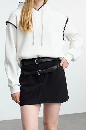 Tarz Regular Kapüşonlu Düşük Kol Regular Kroşeta Detaylı Kalın İçi Polarlı Örme Sweatshirt