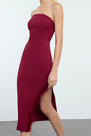Moda Stil Fitted Straplez Midi Boy Vücuda Oturan Otrişli Dokuma Elbise