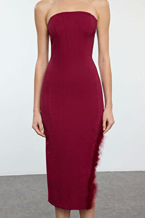 Moda Stil Fitted Straplez Midi Boy Vücuda Oturan Otrişli Dokuma Elbise