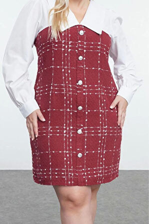 Moda Stil Fitted Gömlek Yaka Mini Boy Büyük Beden Tüvit Dokuma Büyük Beden Elbise