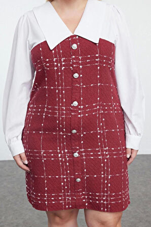 Moda Stil Fitted Gömlek Yaka Mini Boy Büyük Beden Tüvit Dokuma Büyük Beden Elbise