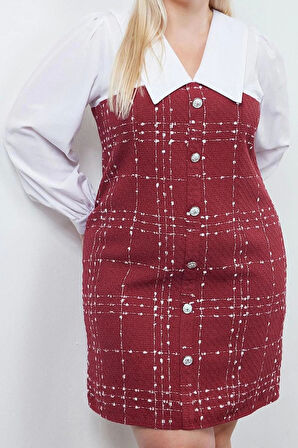 Moda Stil Fitted Gömlek Yaka Mini Boy Büyük Beden Tüvit Dokuma Büyük Beden Elbise