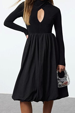 Moda Stil Fitted Dik Yaka Midi Boy Balon Etek Detaylı Şık Abiye Elbise