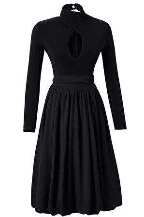 Moda Stil Fitted Dik Yaka Midi Boy Balon Etek Detaylı Şık Abiye Elbise