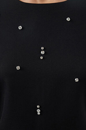 Moda Stil Regular Bisiklet Yaka Mini Boy Shift Düz Kalıp Taş İşlemeli Dokuma Elbise