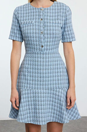 Moda Stil Regular Bisiklet Yaka Mini Boy Eteği Belden Açılan Tüvit Dokuma Elbise